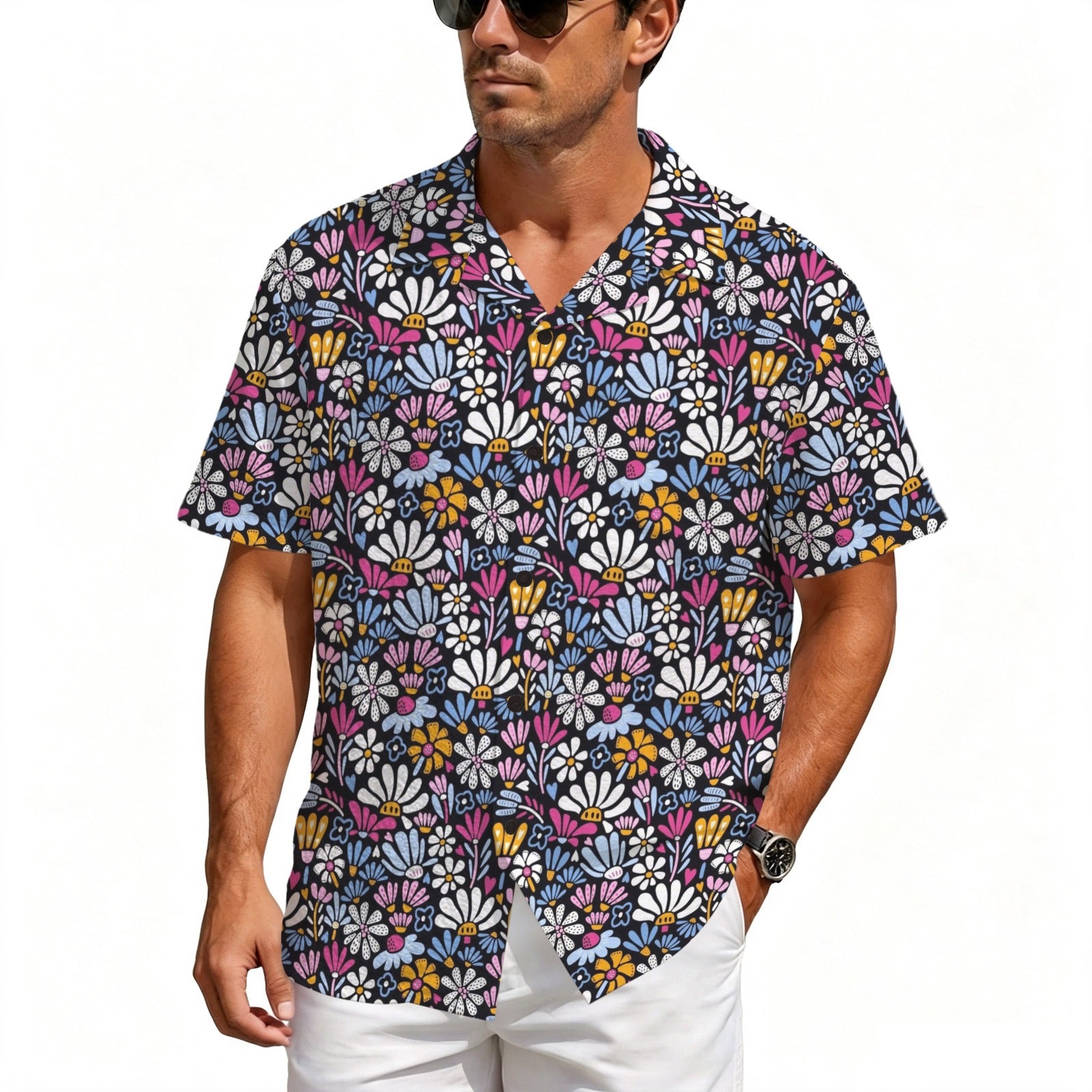 Graphic Flowers On Black Men's Crinkle Hawaiian Shirt