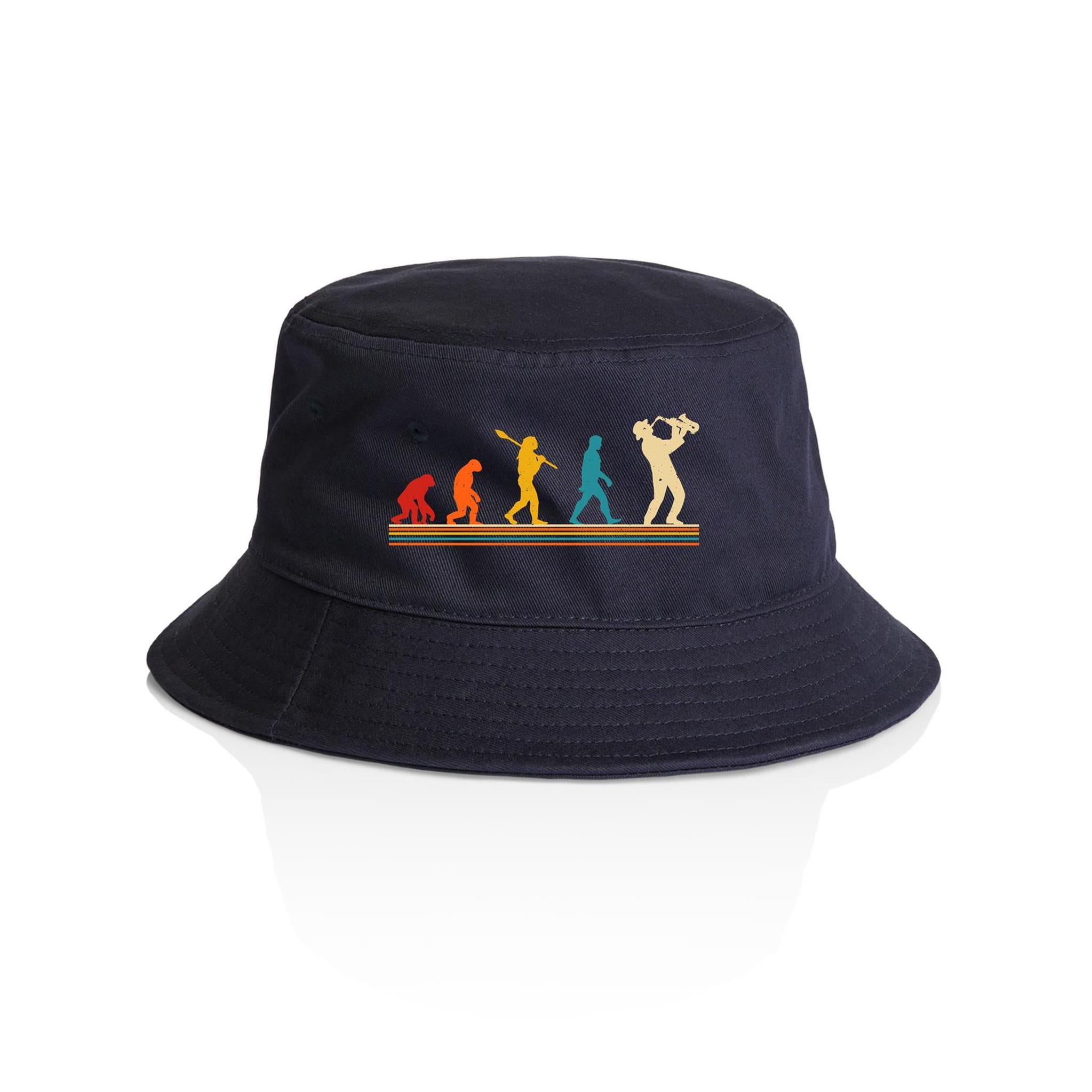 Evolution Of A Saxophone Player - AS Colour Bucket Hat Navy One Size As Colour Bucket Hat Music Printed In Australia