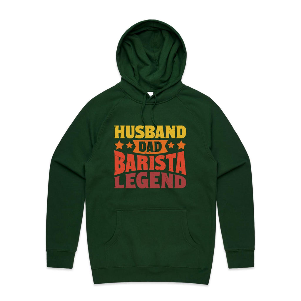 Husband, Dad Barista, Legend Men's AS Colour Hoodie Forest Green Mens Hoodie Coffee Dad Printed In Australia