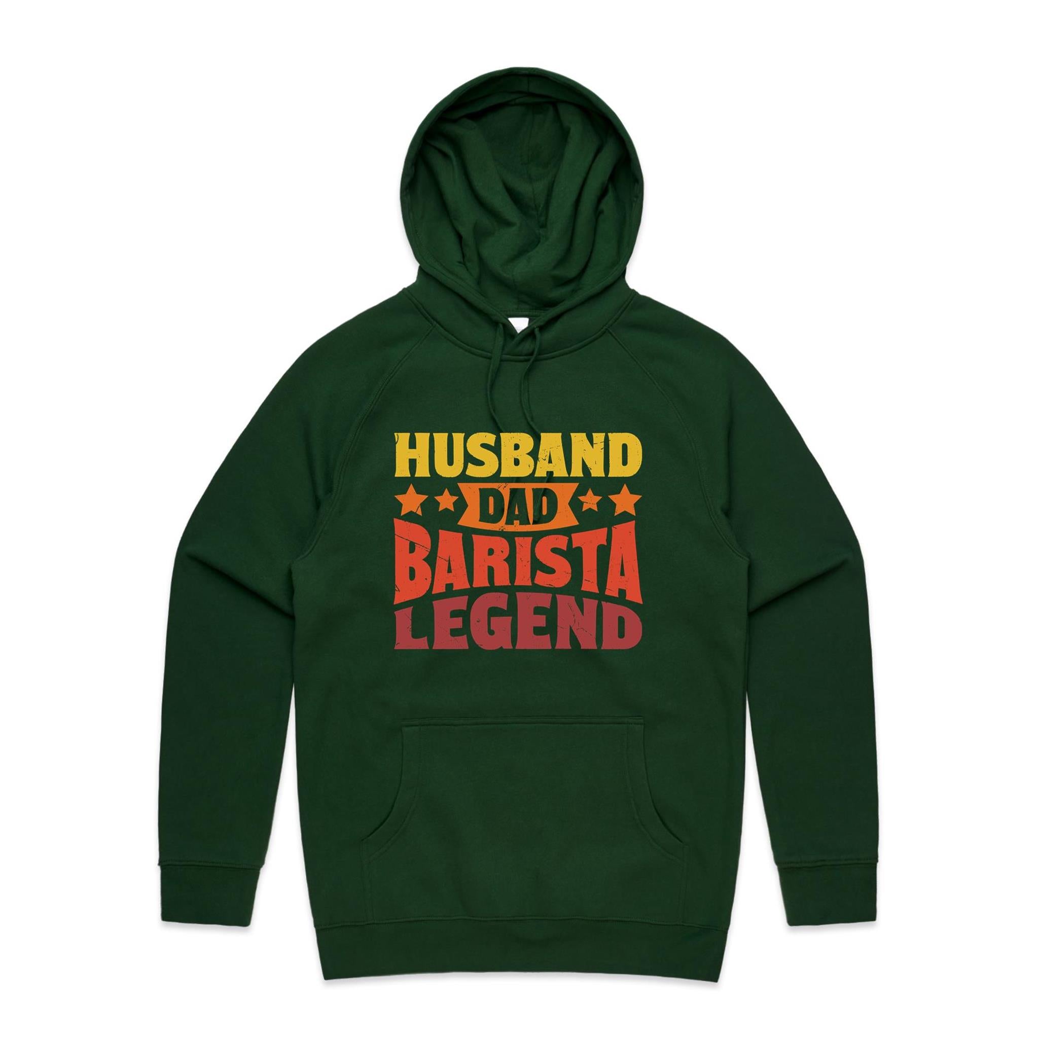 Husband, Dad Barista, Legend Men's AS Colour Hoodie Forest Green Mens Hoodie Coffee Dad Printed In Australia