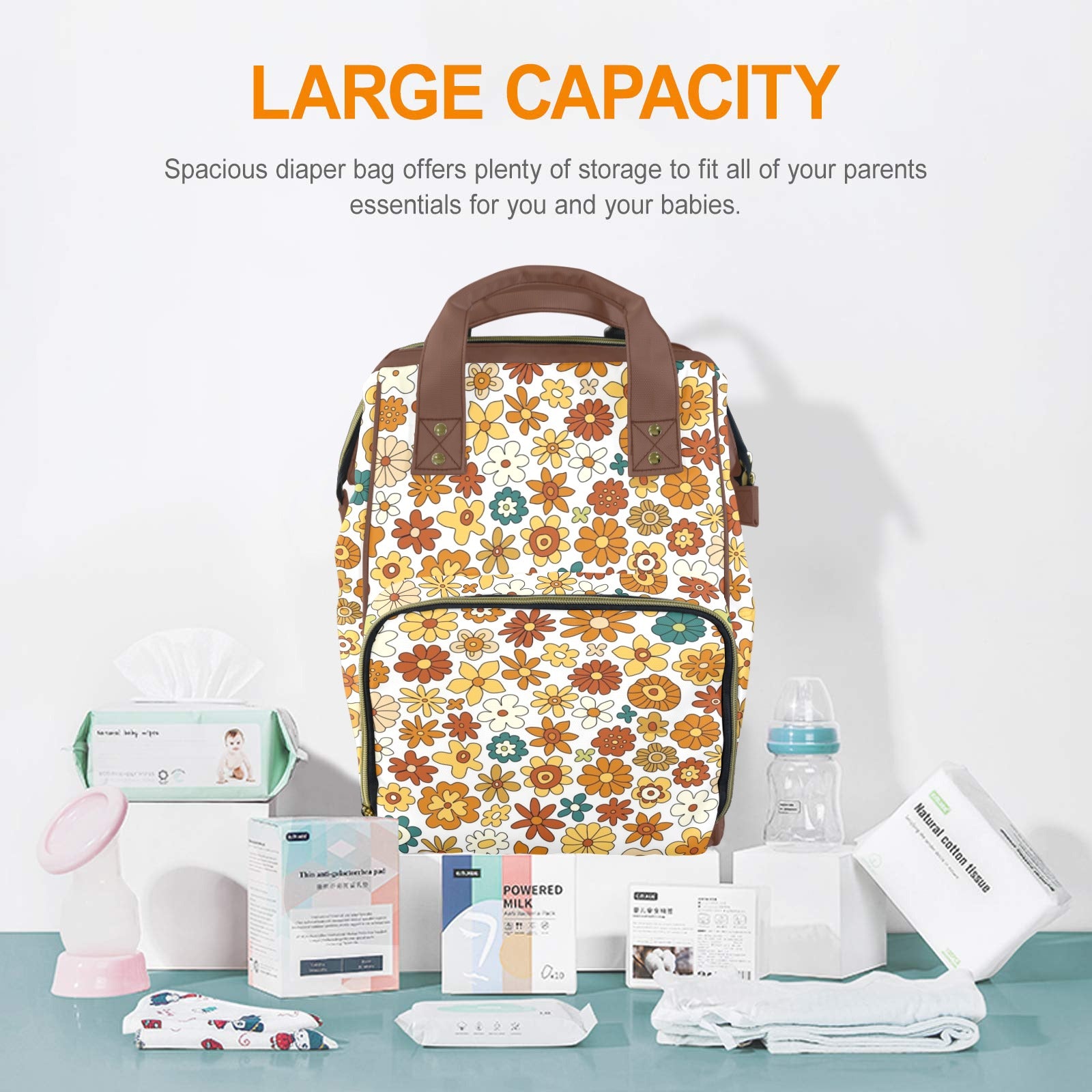 70's Style Floral Multi-Function Backpack, Nappy / Diaper Bag Multi-function Backpack, Nappy / Diaper Bag Plants Printed Offshore