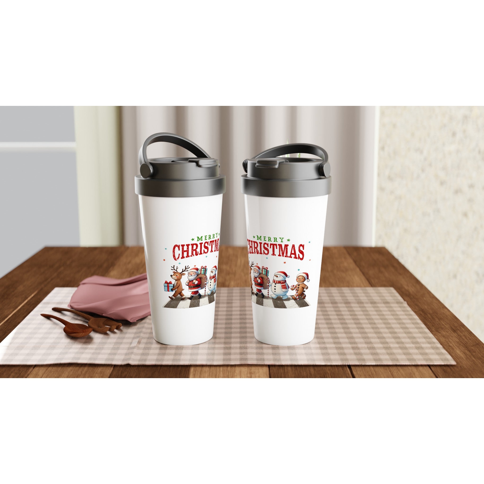 Fab Four, Merry Christmas - White 15oz Stainless Steel Travel Mug Christmas Travel Mug Christmas Globally Fulfilled