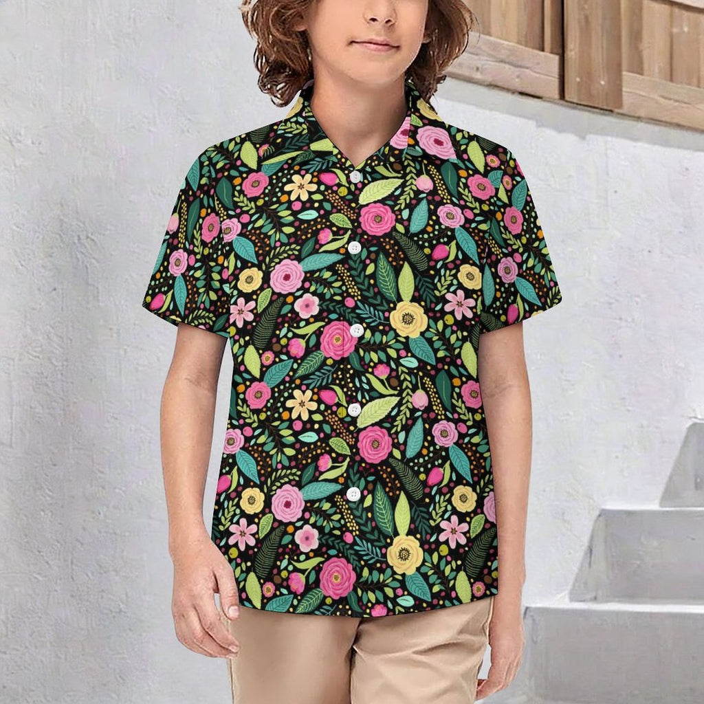 Bright Floral And Leaves Kids Youth Short Sleeve Button Up Shirt
