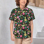 Bright Floral And Leaves Kids Youth Short Sleeve Button Up Shirt