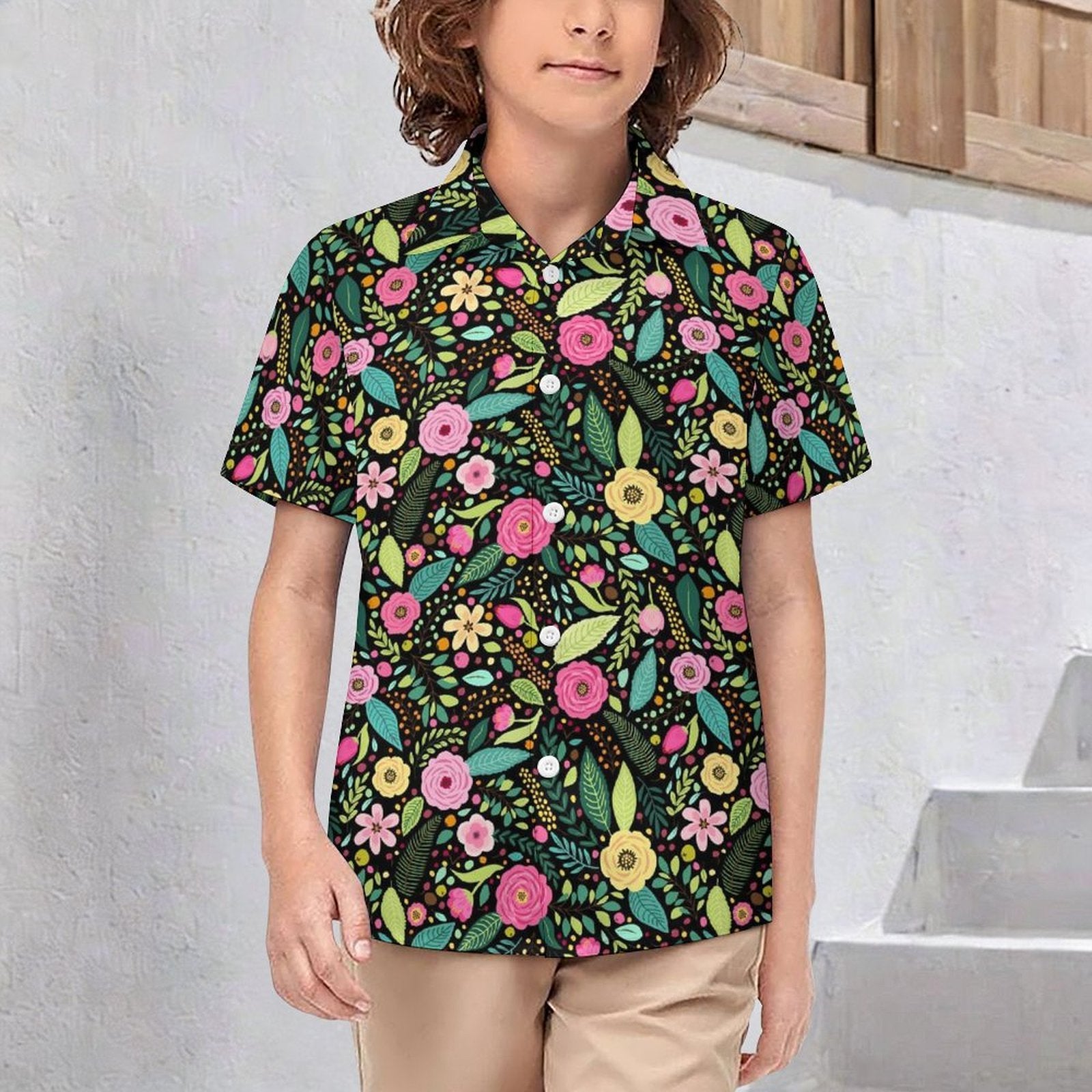 Bright Floral And Leaves Kids Youth Short Sleeve Button Up Shirt