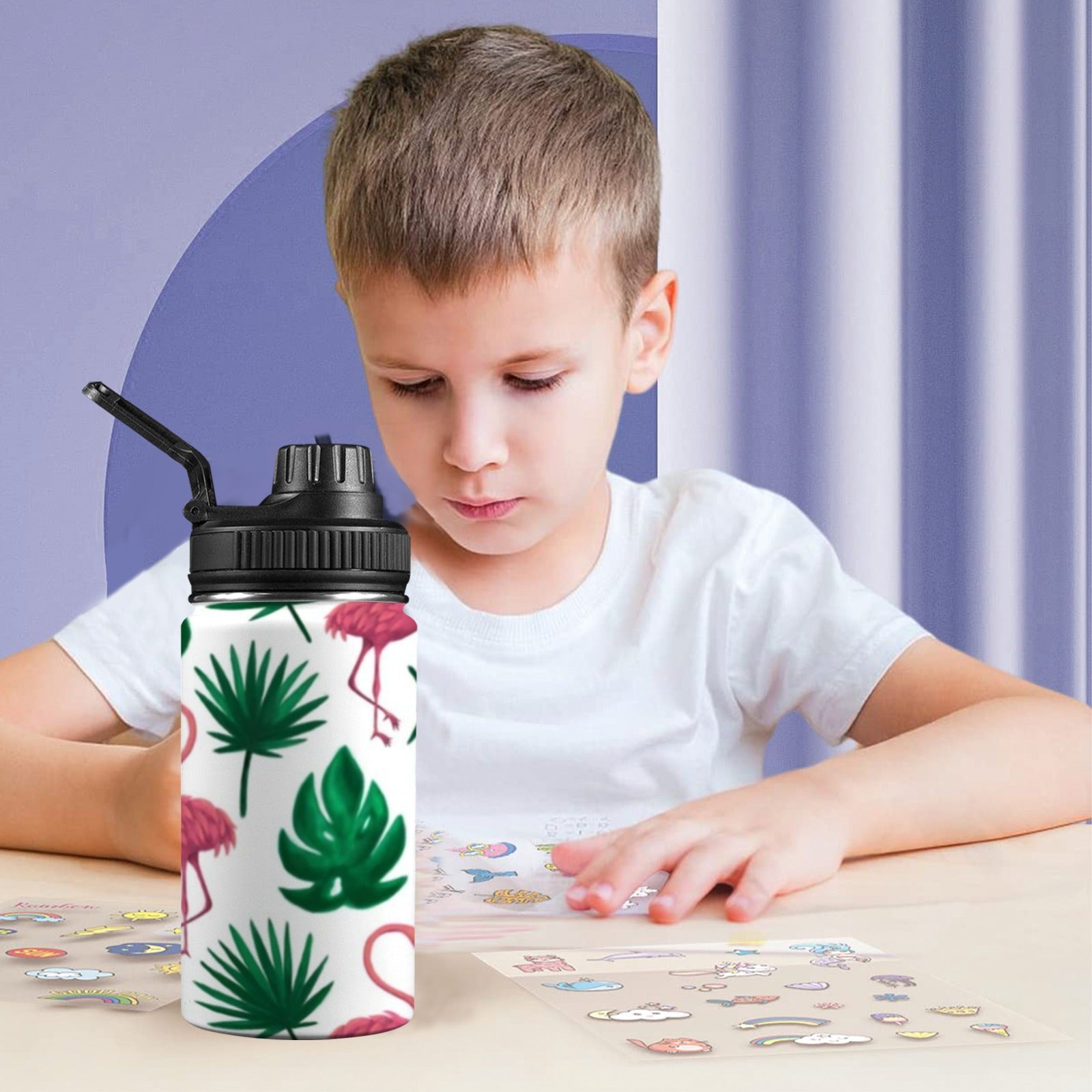 Flamingo Leaves - Kids Water Bottle with Chug Lid (12 oz)