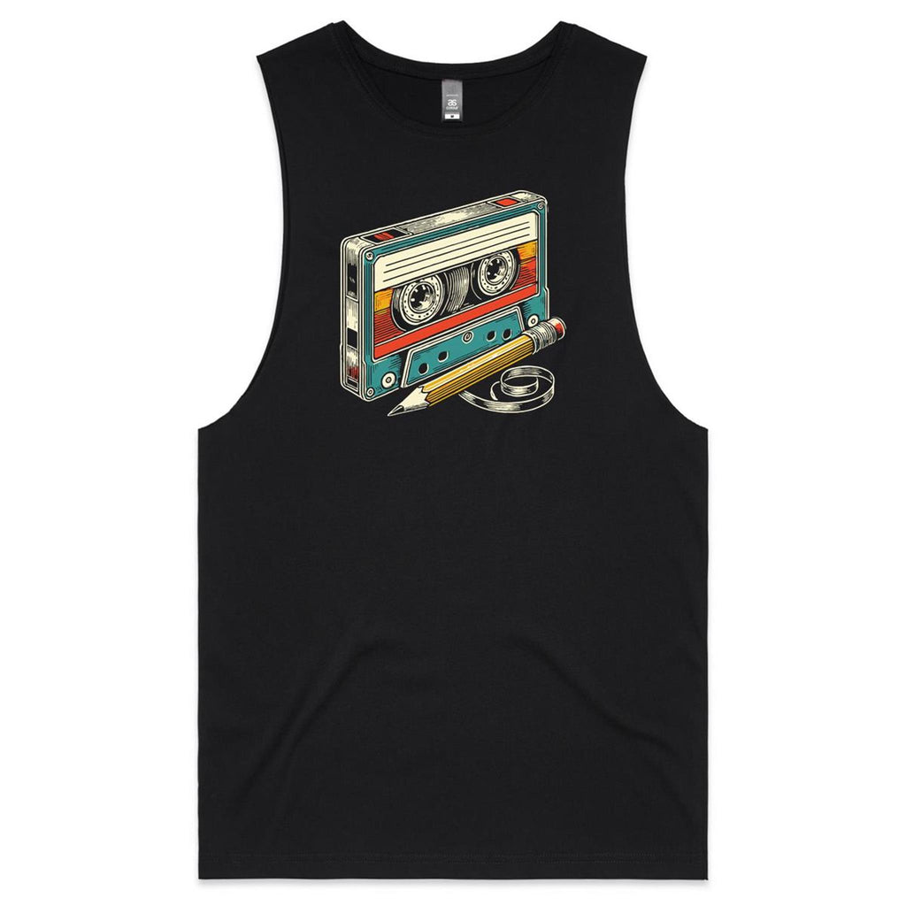 Cassette Tape And Pencil - Mens Tank Top Tee Black Drop Arm Tank Top Music Printed In Australia Retro