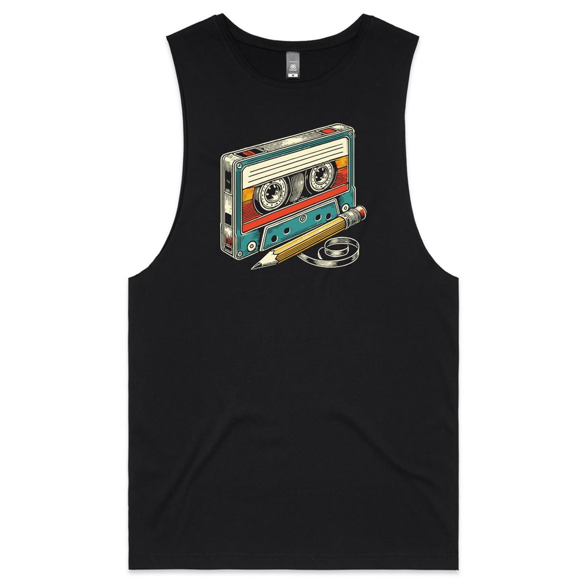 Cassette Tape And Pencil - Mens Tank Top Tee Black Drop Arm Tank Top Music Printed In Australia Retro