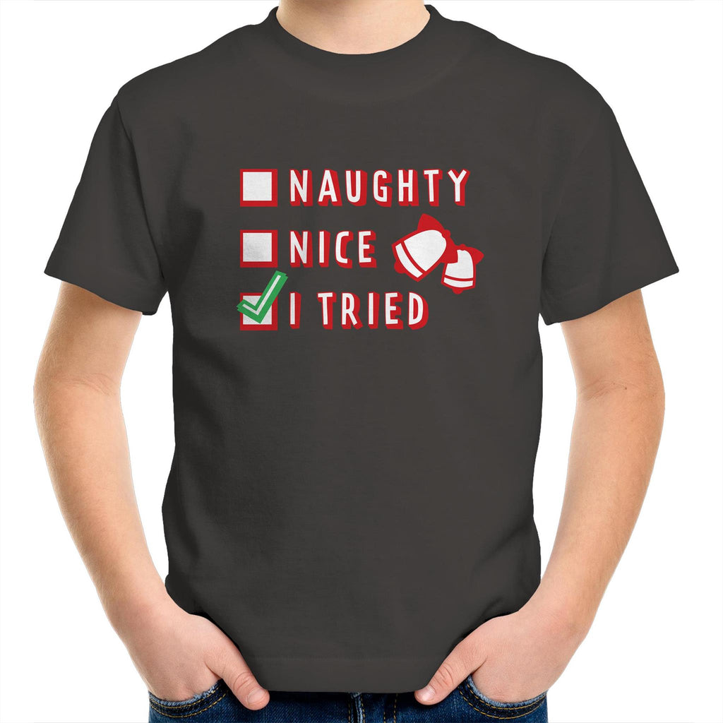 Naughty, Nice, I Tried, Santa's Christmas List - Kids Youth T-Shirt Charcoal Kids Christmas T-shirt Christmas Printed In Australia