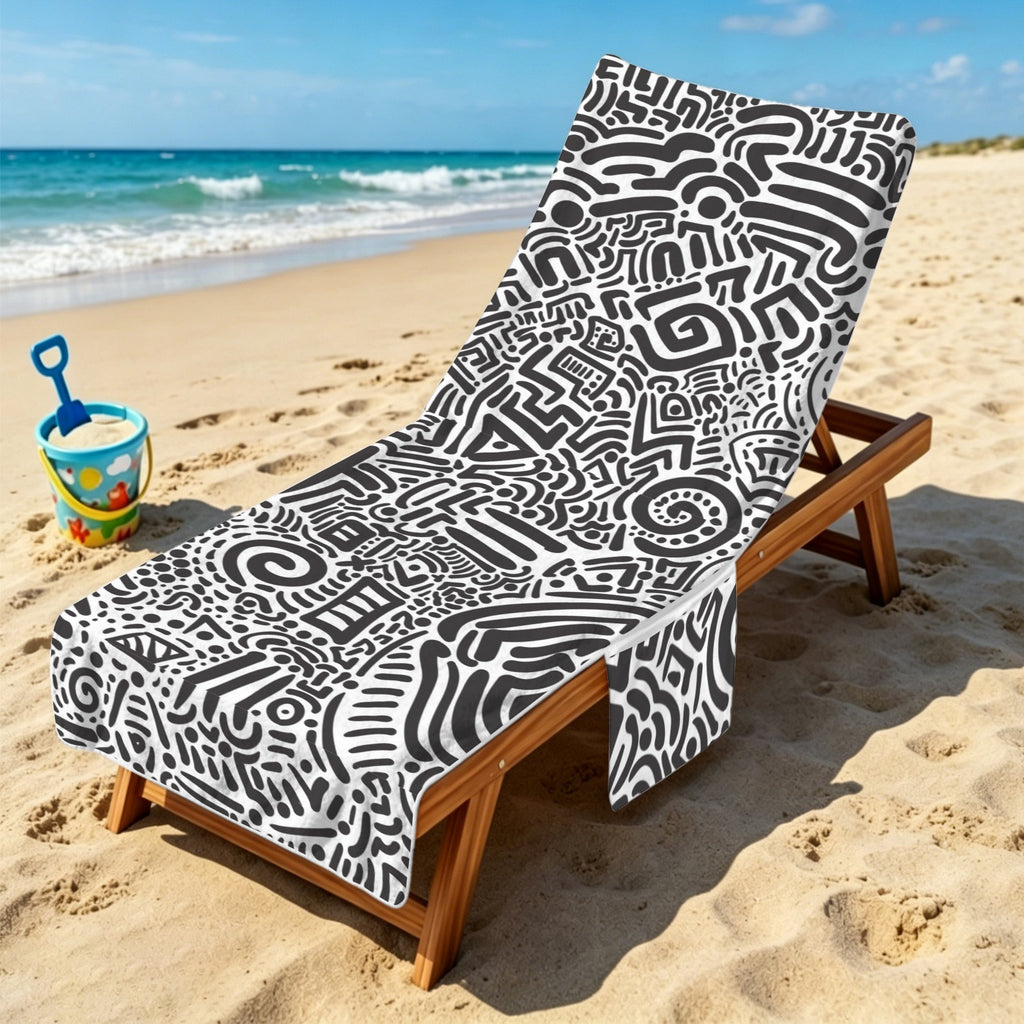 Black And White Beach Chair Towel Cover with Side Pockets