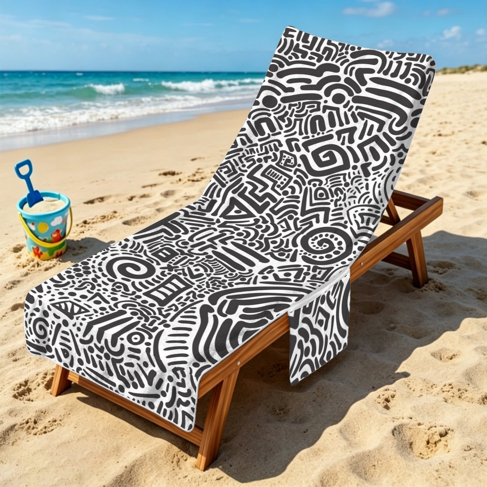 Black And White Beach Chair Towel Cover with Side Pockets