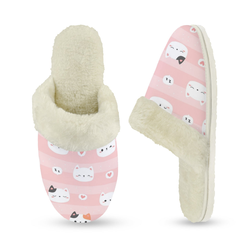 Pink Cats Women's Fur Trim Thick-Sole Indoor Slippers Women's Fur Trimmed Slippers animal Printed Offshore