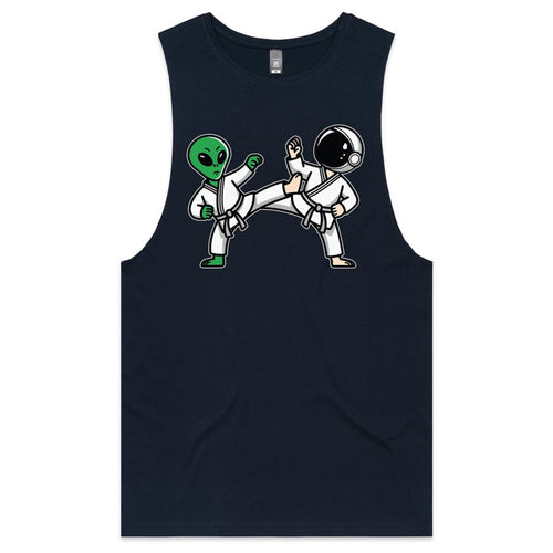 Alien And Astronaut Karate - Tank Top Tee Navy Drop Arm Tank Top Fitness Printed In Australia
