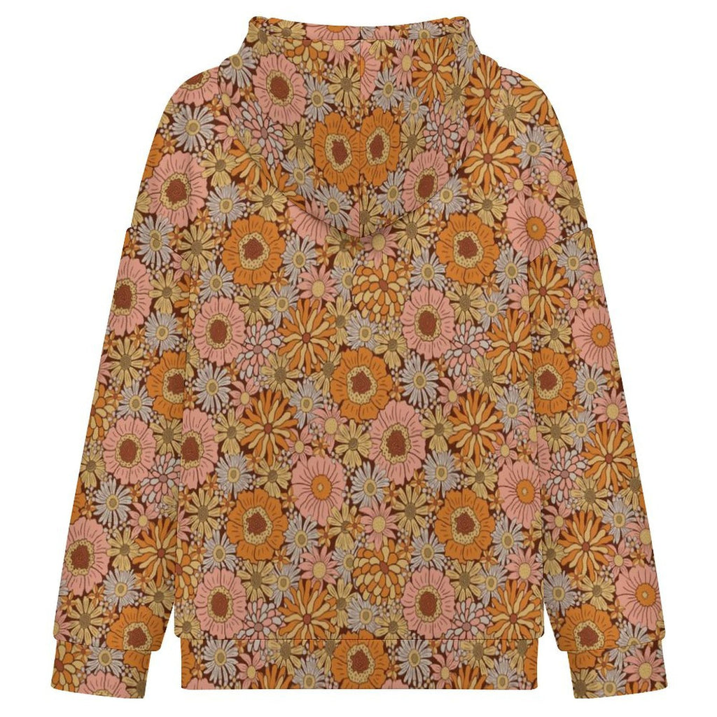 Orange Retro Floral Women's Full-Zip Hoodie