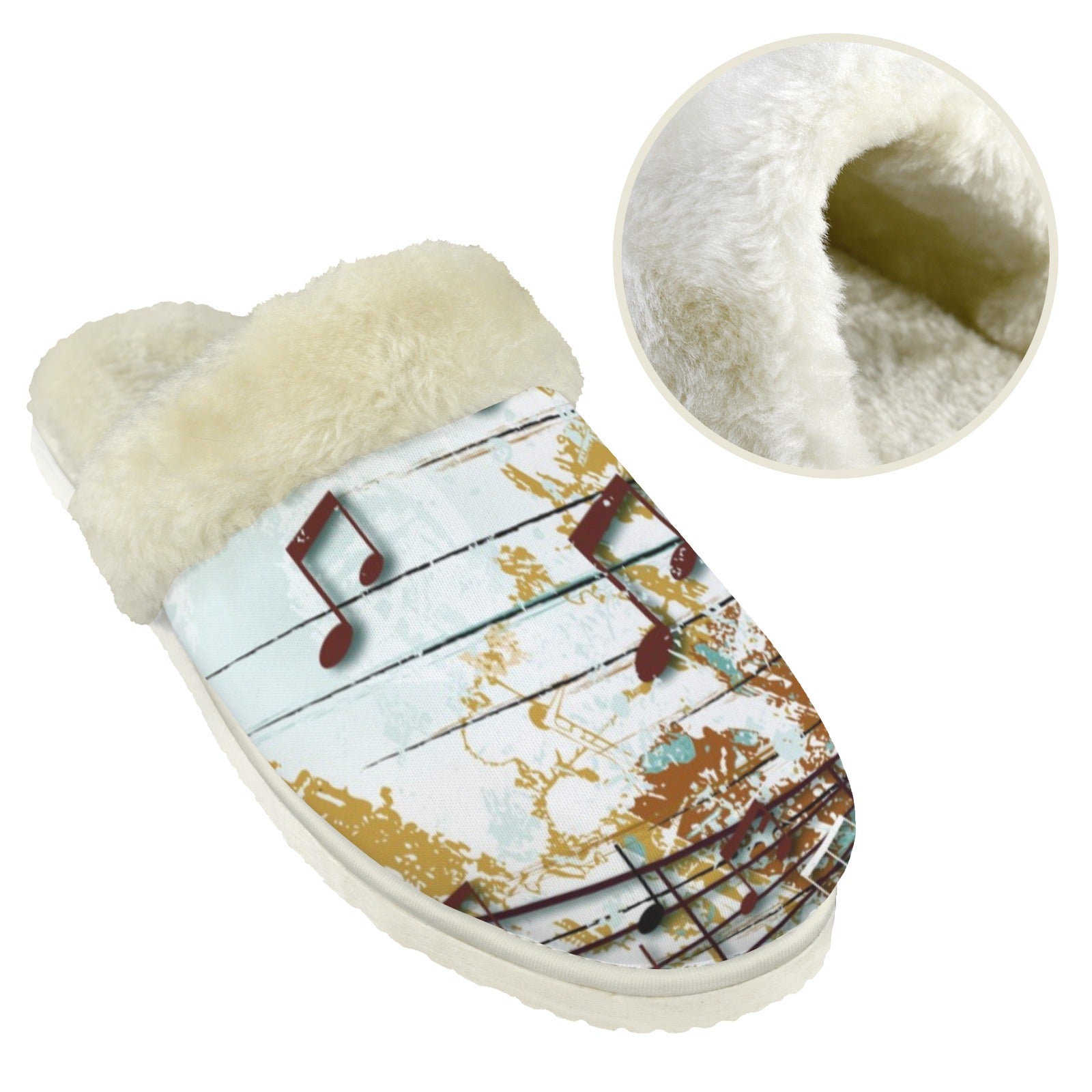Music Graphic Men's Fur Trim Thick-Sole Indoor Slippers Men's Fur Trimmed Slippers Music Printed Offshore