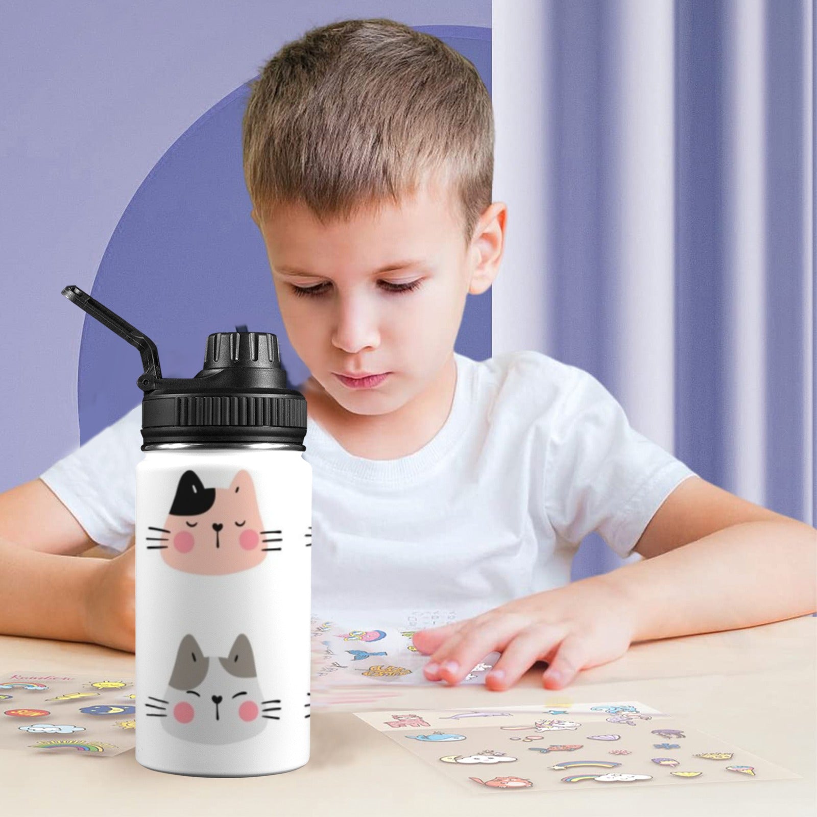 Cat Faces - Kids Water Bottle with Chug Lid (12 oz) Kids Water Bottle with Chug Lid animal Printed Offshore