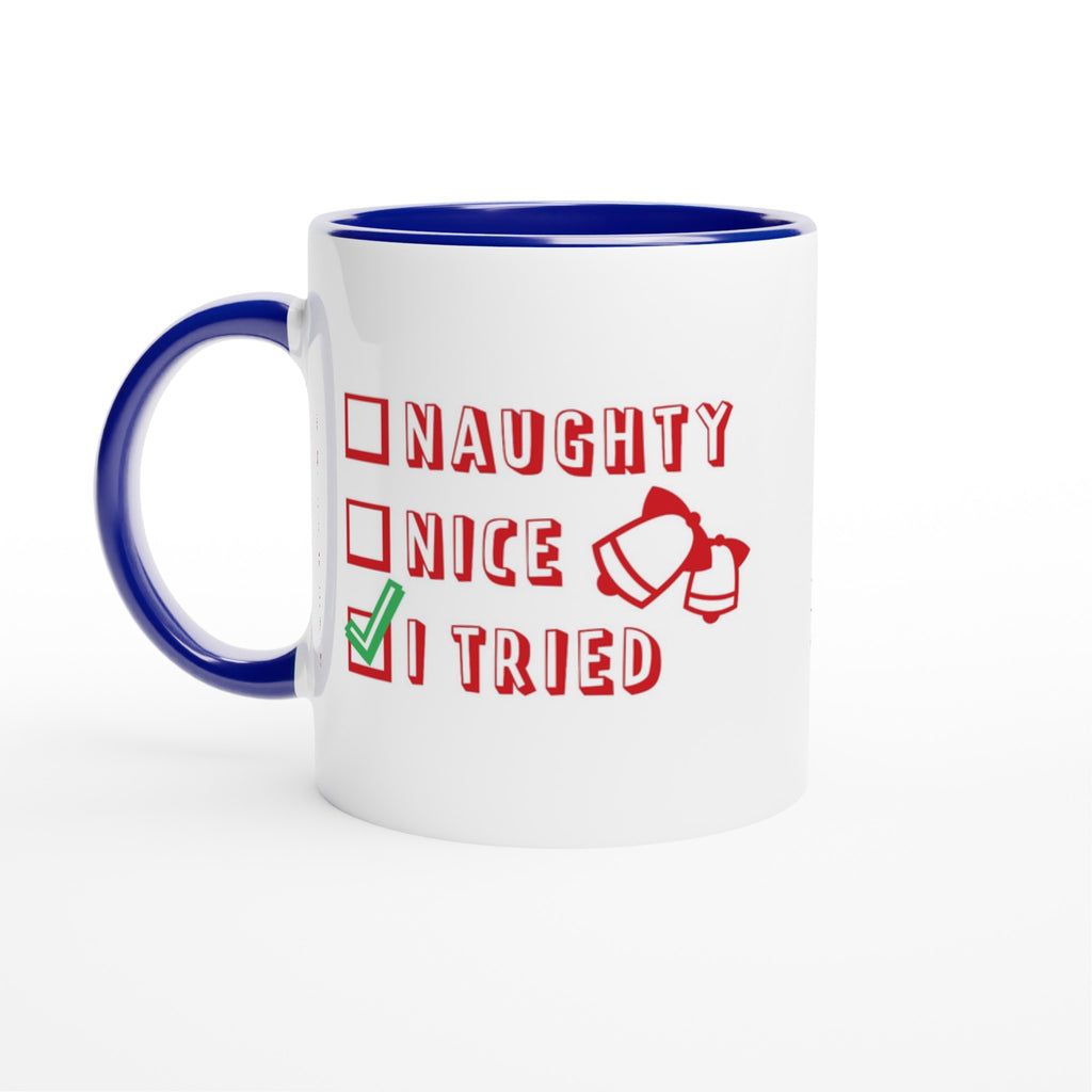 Santa's Christmas List, Naughty, Nice, I Tried - White 11oz Ceramic Mug with Color Inside Ceramic Blue Christmas Colour Mug Christmas Globally Fulfilled