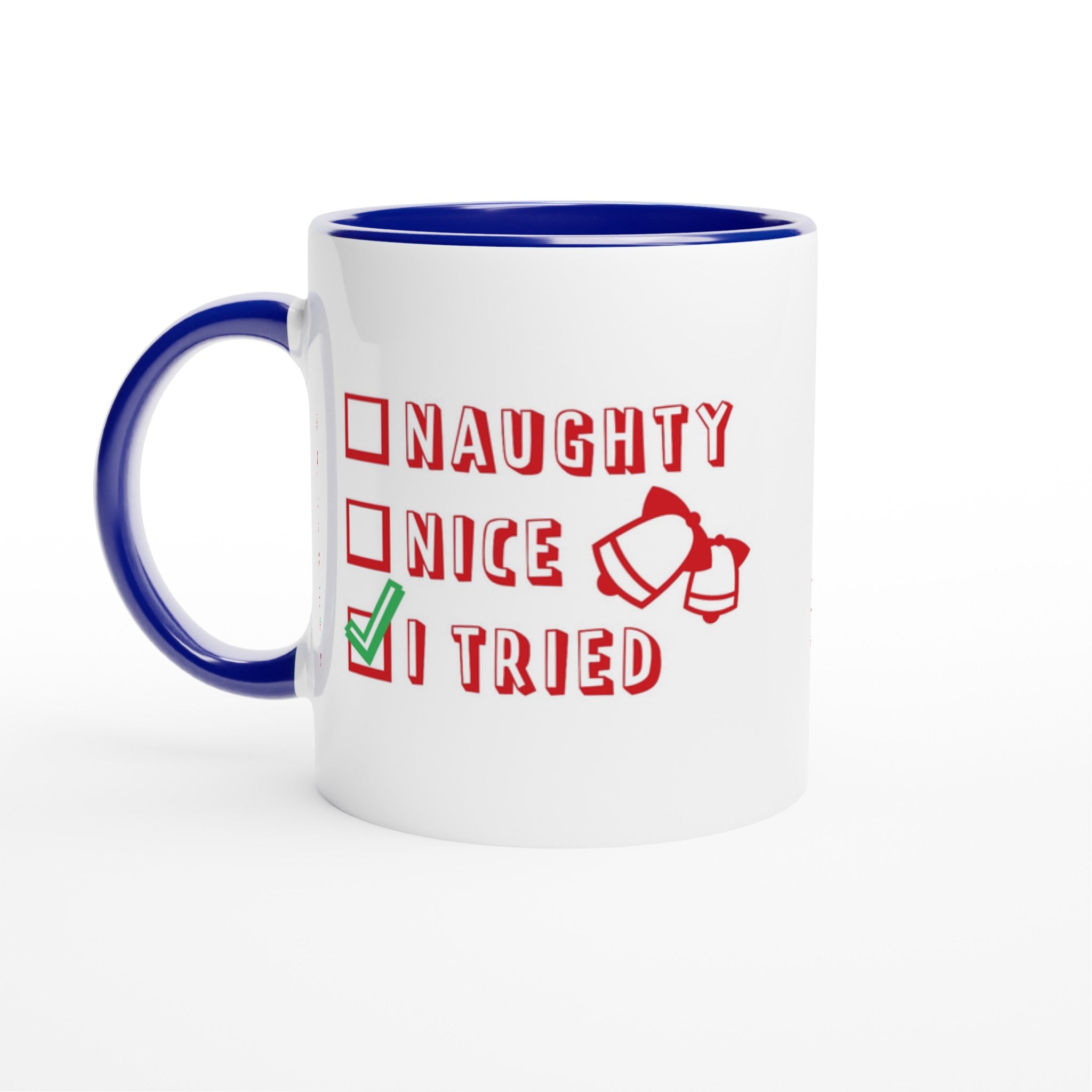 Santa's Christmas List, Naughty, Nice, I Tried - White 11oz Ceramic Mug with Color Inside Ceramic Blue Christmas Colour Mug Christmas Globally Fulfilled