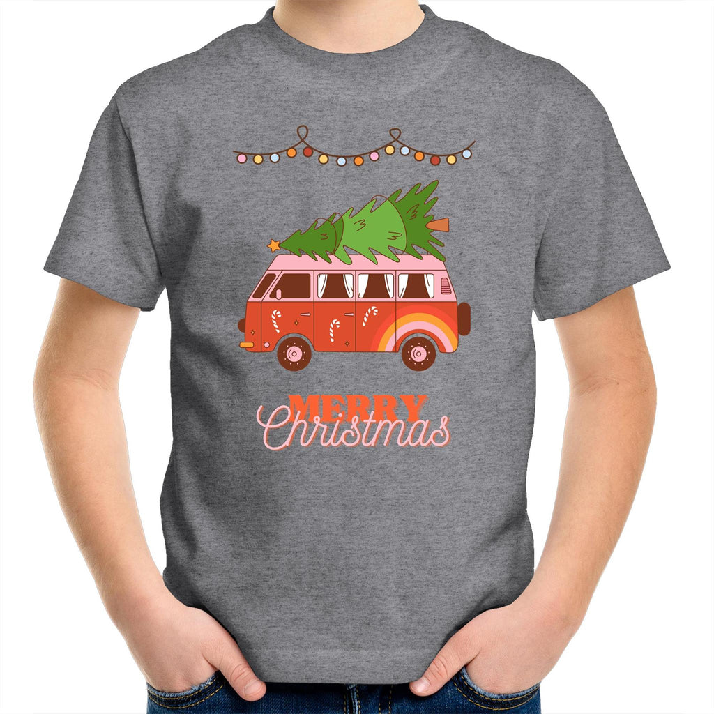 Merry Christmas Hippy Van - Kids Youth T-Shirt Grey Marle Kids Christmas T-shirt Christmas Printed In Australia
