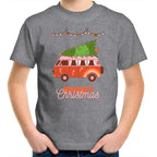 Merry Christmas Hippy Van - Kids Youth T-Shirt Grey Marle Kids Christmas T-shirt Christmas Printed In Australia
