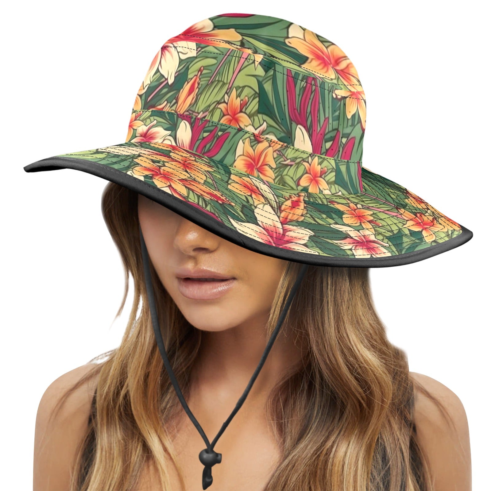 Vintage Hawaiian Floral Wide Brim Bucket Hat Wide Brim Bucket Hat Plants Printed Offshore