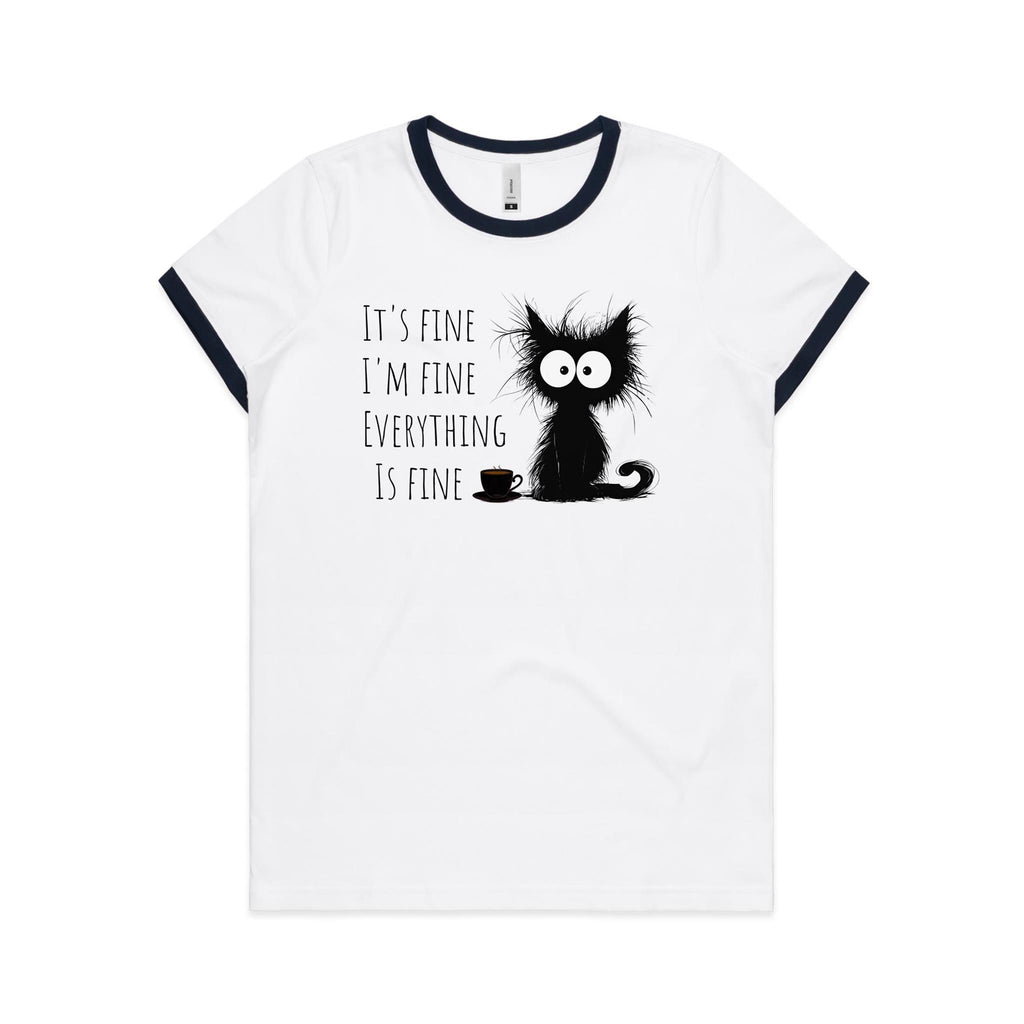 It's Fine, I'm Fine, Frazzled Cat - Women's Ringer Tee White Navy Womens Ringer T-shirt animal Printed In Australia