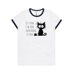 It's Fine, I'm Fine, Frazzled Cat - Women's Ringer Tee White Navy Womens Ringer T-shirt animal Printed In Australia