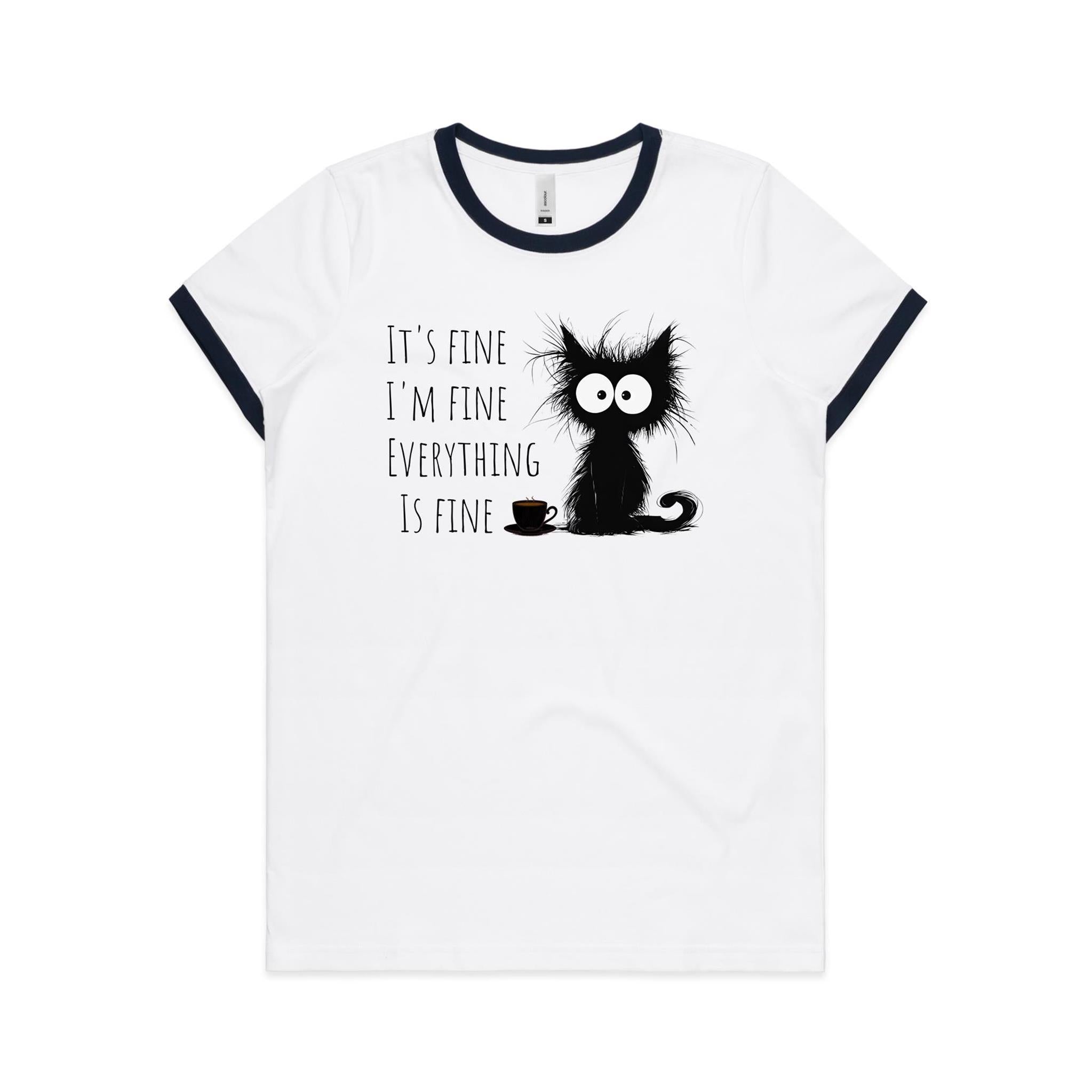 It's Fine, I'm Fine, Frazzled Cat - Women's Ringer Tee White Navy Womens Ringer T-shirt animal Printed In Australia
