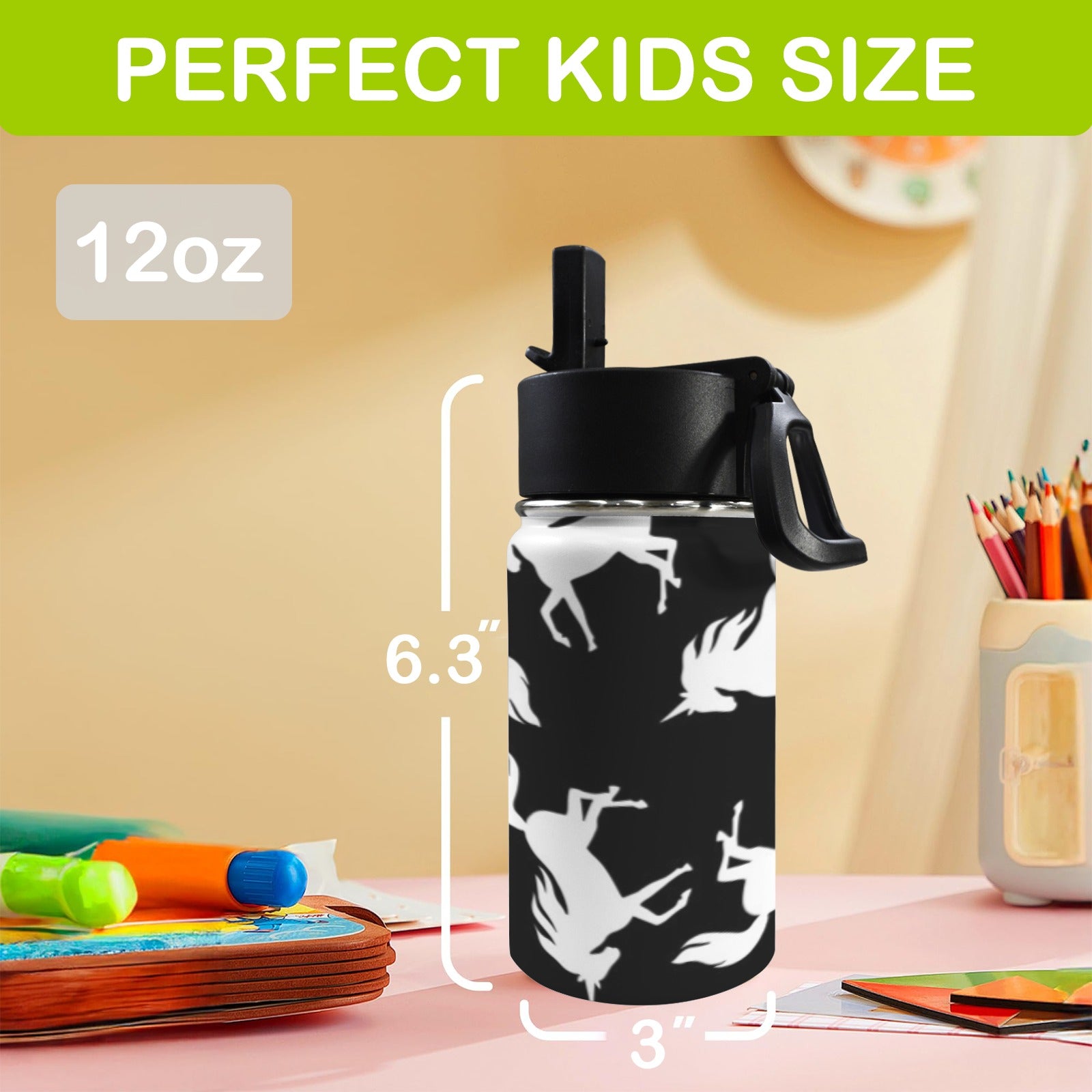 Black And White Unicorn - 12oz Kids Water Bottle with Straw Lid