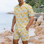 Retro Boho Flower Men's Hawaiian Shirt & Shorts Set Men's Hawaiian Shirt & Shorts Set Plants Printed Offshore