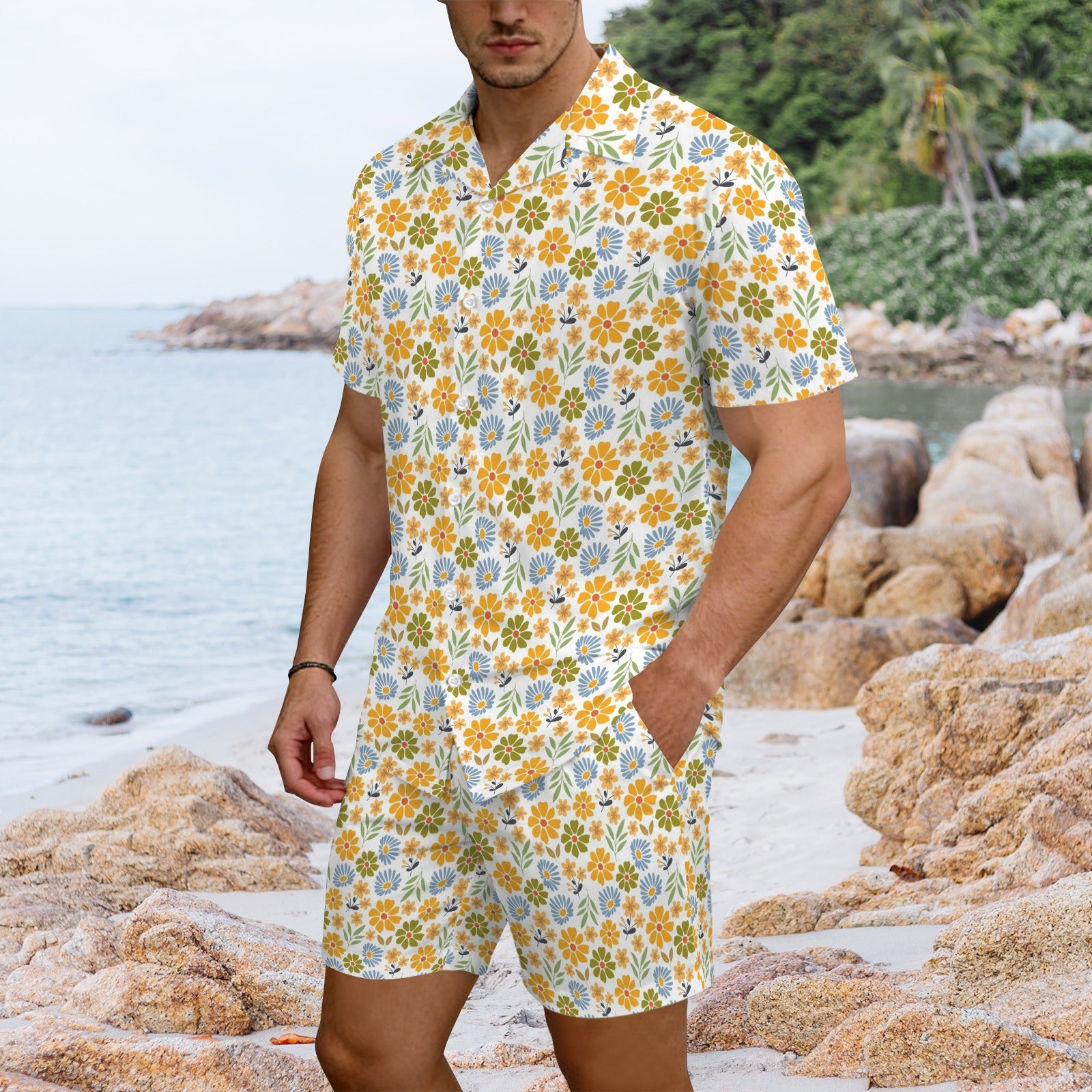Retro Boho Flower Men's Hawaiian Shirt & Shorts Set Men's Hawaiian Shirt & Shorts Set Plants Printed Offshore