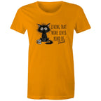 Living That nine Lives Kind Of Tired, Frazzled Cat - Womens T-shirt Orange Womens T-shirt animal Coffee Printed In Australia
