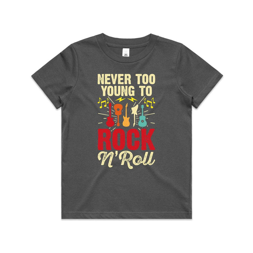 Never Too Young To Rock N Roll Kid's AS Colour T-shirt Charcoal Kids Youth T-shirt Music Printed In Australia
