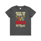 Never Too Young To Rock N Roll Kid's AS Colour T-shirt Charcoal Kids Youth T-shirt Music Printed In Australia