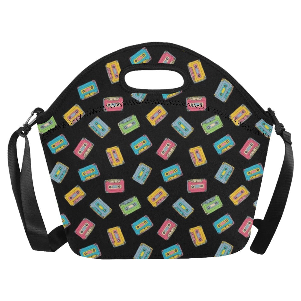Colourful Cassettes Neoprene Lunch Bag/Large (Model 1669) Neoprene Lunch Bag Music Printed Offshore Retro