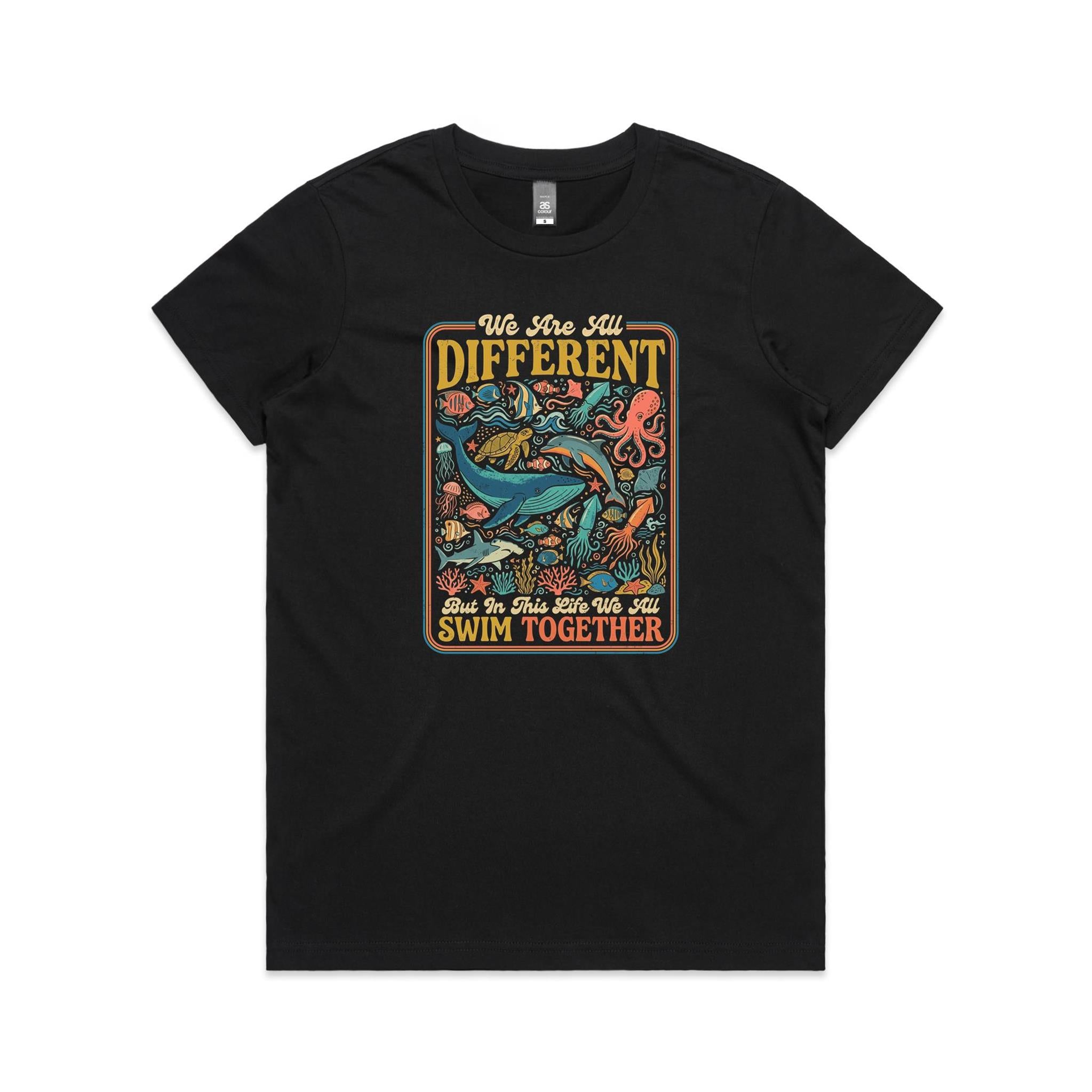 We Are All Different, But We All Swim Together - Women's AS Colour T-shirt Black Womens T-shirt animal Ocean Positivity Printed In Australia