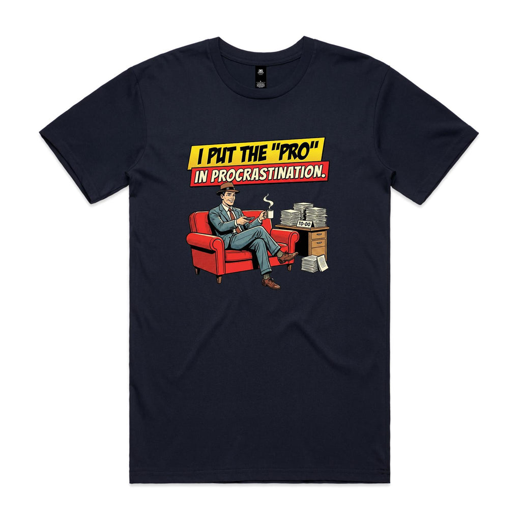 I Put The Pro In Procrastination, Retro Gentleman Men's AS Colour T-shirt Navy Mens T-shirt comic Printed In Australia