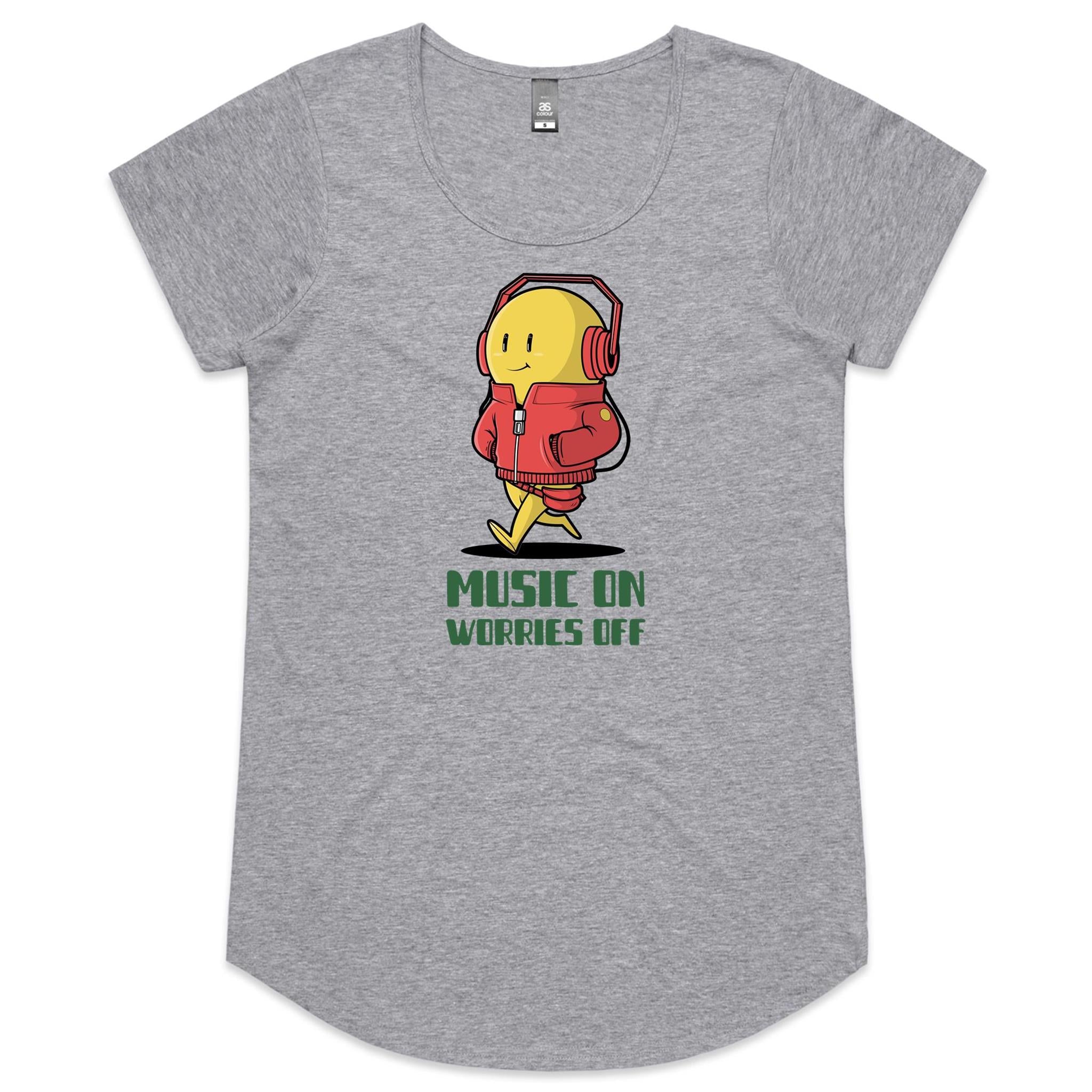 Music On, Worries Off - Womens Scoop Neck T-Shirt Grey Marle Womens Scoop Neck T-shirt Music Printed In Australia