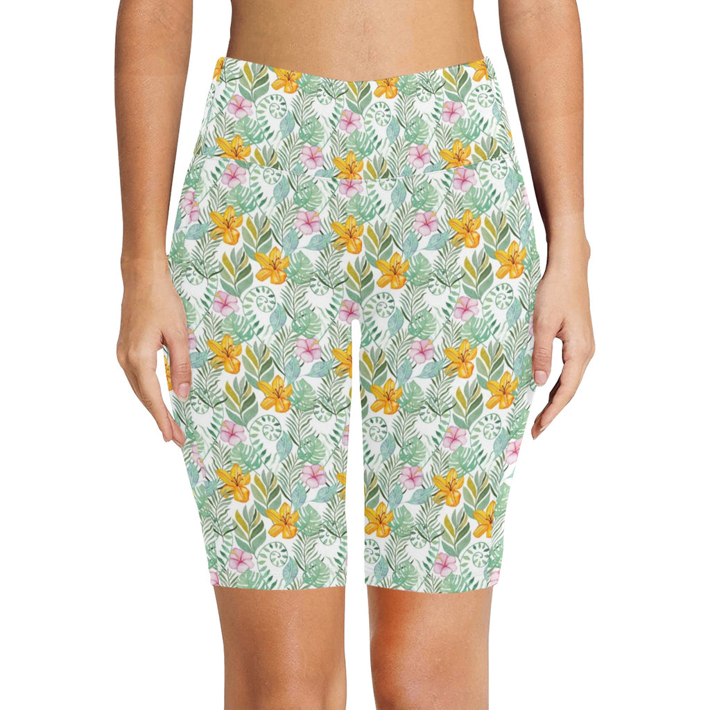 Tropical Flowers And Leaves Women's Bike Shorts With Side Pockets