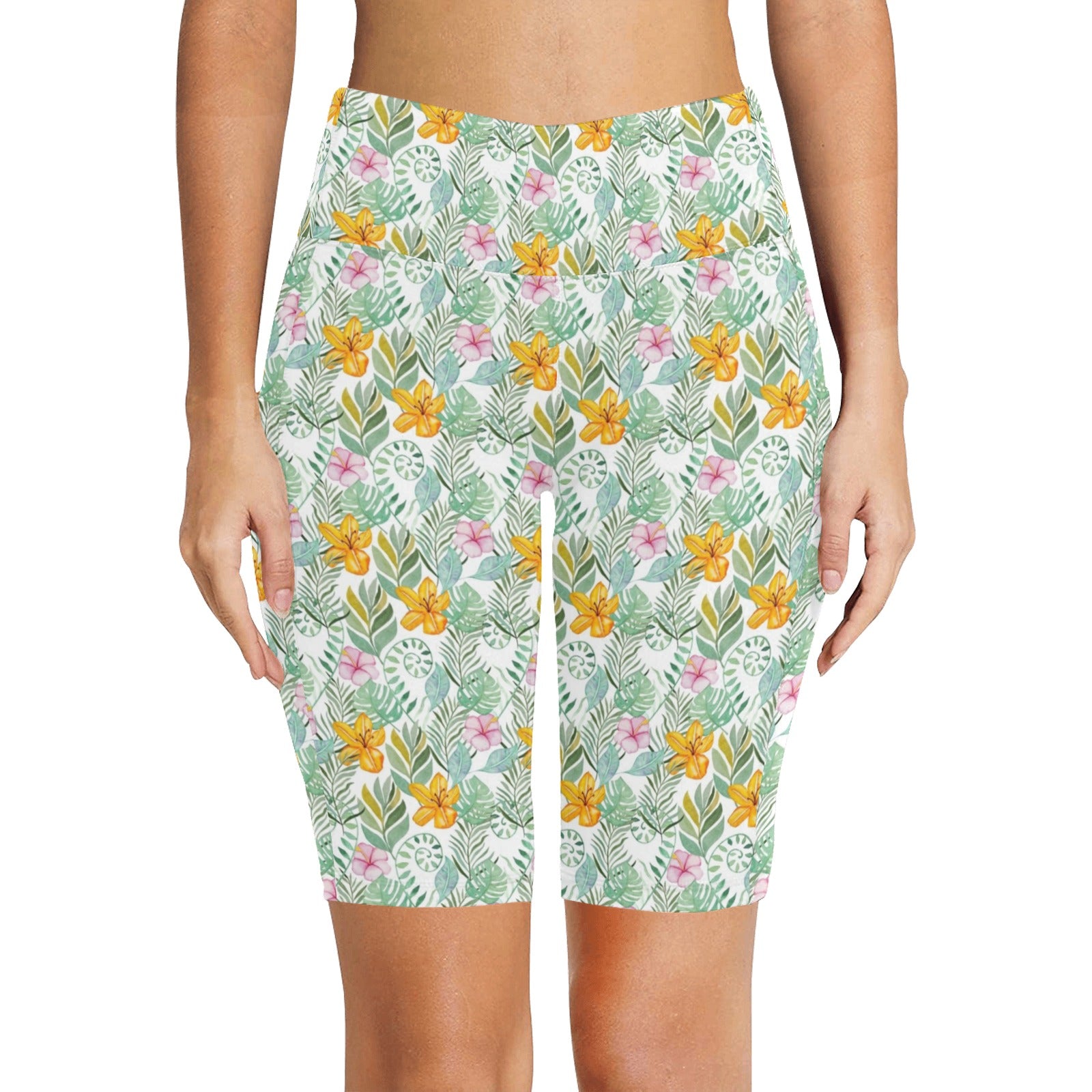 Tropical Flowers And Leaves Women's Bike Shorts With Side Pockets