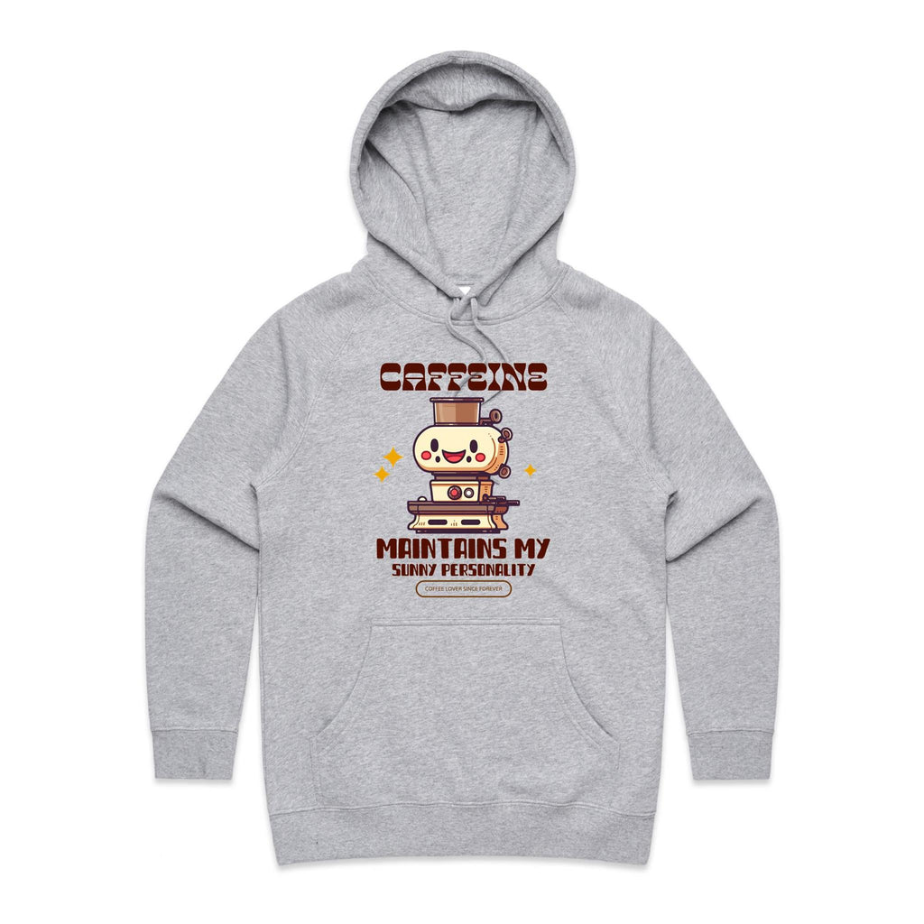 Caffeine Maintains My Sunny Personality - Womens Hoodie Grey Marle Womens Hoodie Coffee Printed In Australia