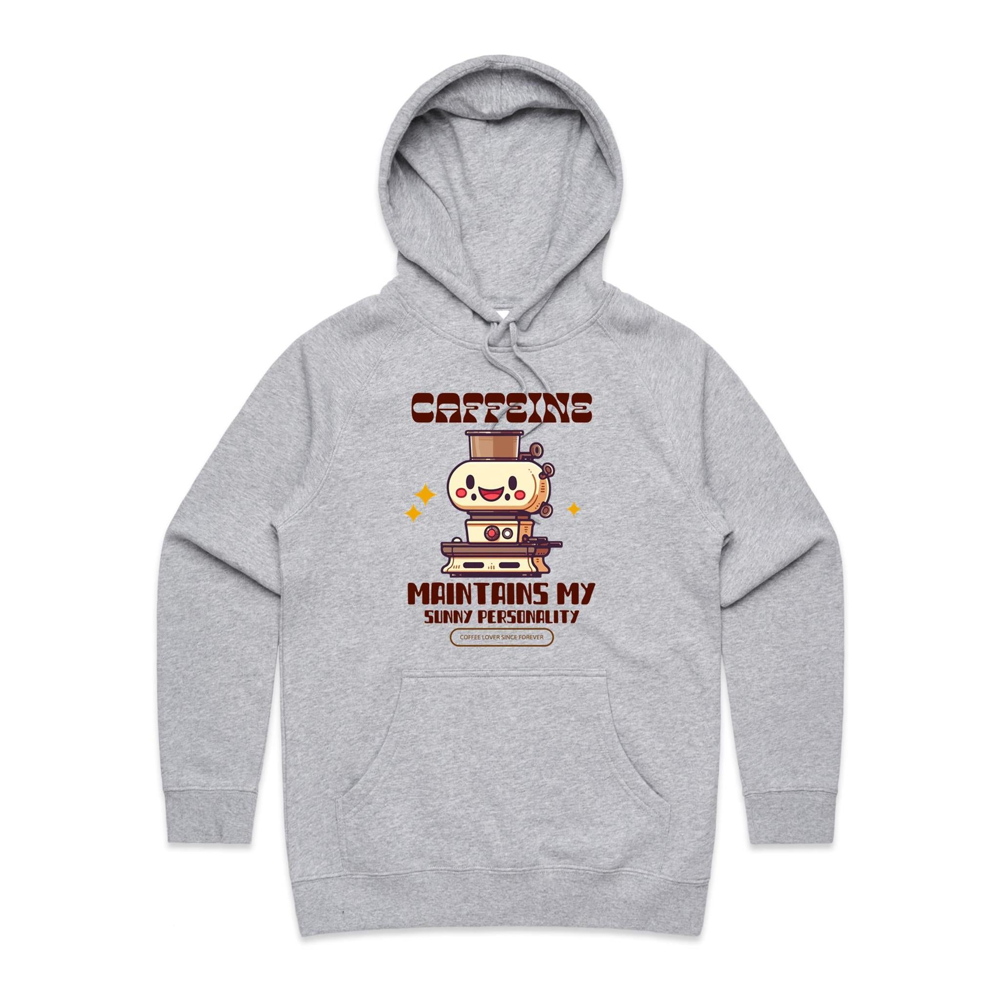 Caffeine Maintains My Sunny Personality - Womens Hoodie Grey Marle Womens Hoodie Coffee Printed In Australia