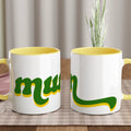 Mum, Fun Retro Font White 11oz Ceramic Mug with Colour Inside Ceramic Yellow Colour 11oz Mug Globally Fulfilled Mum
