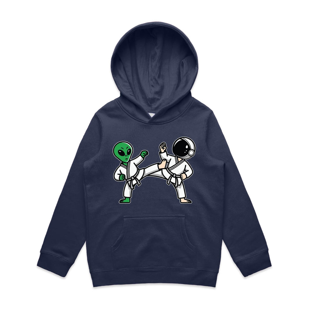 Alien And Astronaut Karate - Kids Hoodie Midnight Blue Kids Hoodie Printed In Australia