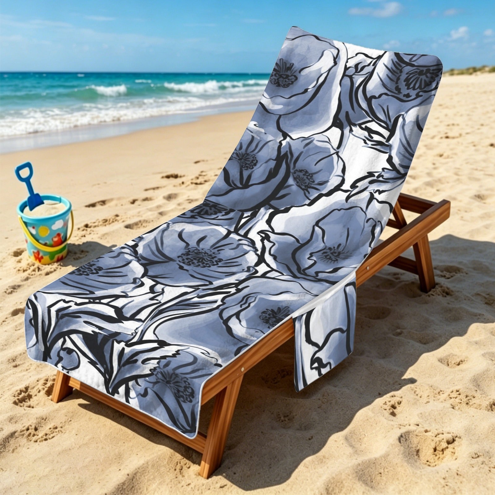 Blue And White Floral Beach Chair Towel Cover with Side Pockets