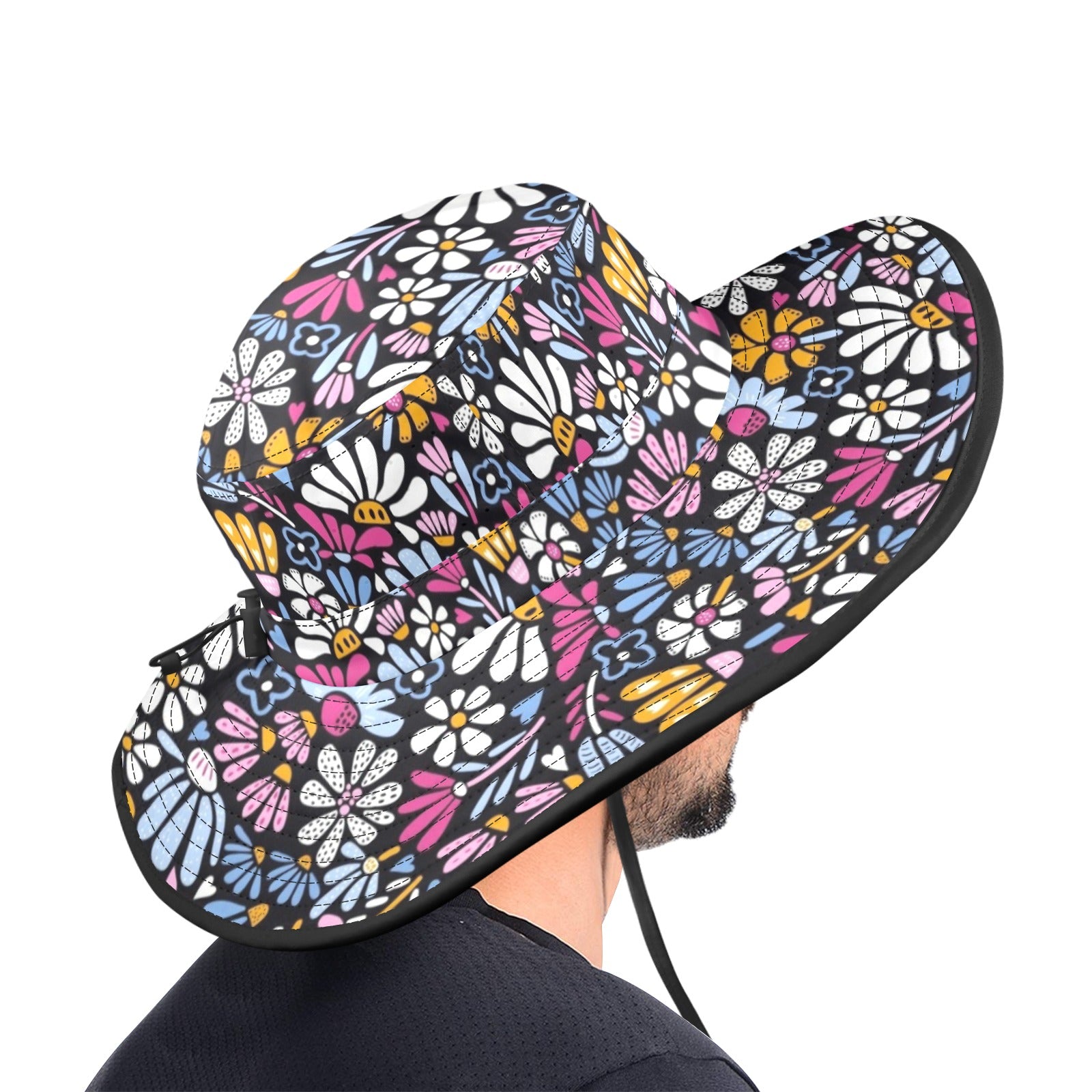 Graphic Flowers On Black Wide Brim Bucket Hat Wide Brim Bucket Hat Plants Printed Offshore