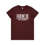 Gen X, Lots Of Memories, No Evidence Women's AS Colour T-shirt Burgundy Womens T-shirt Printed In Australia