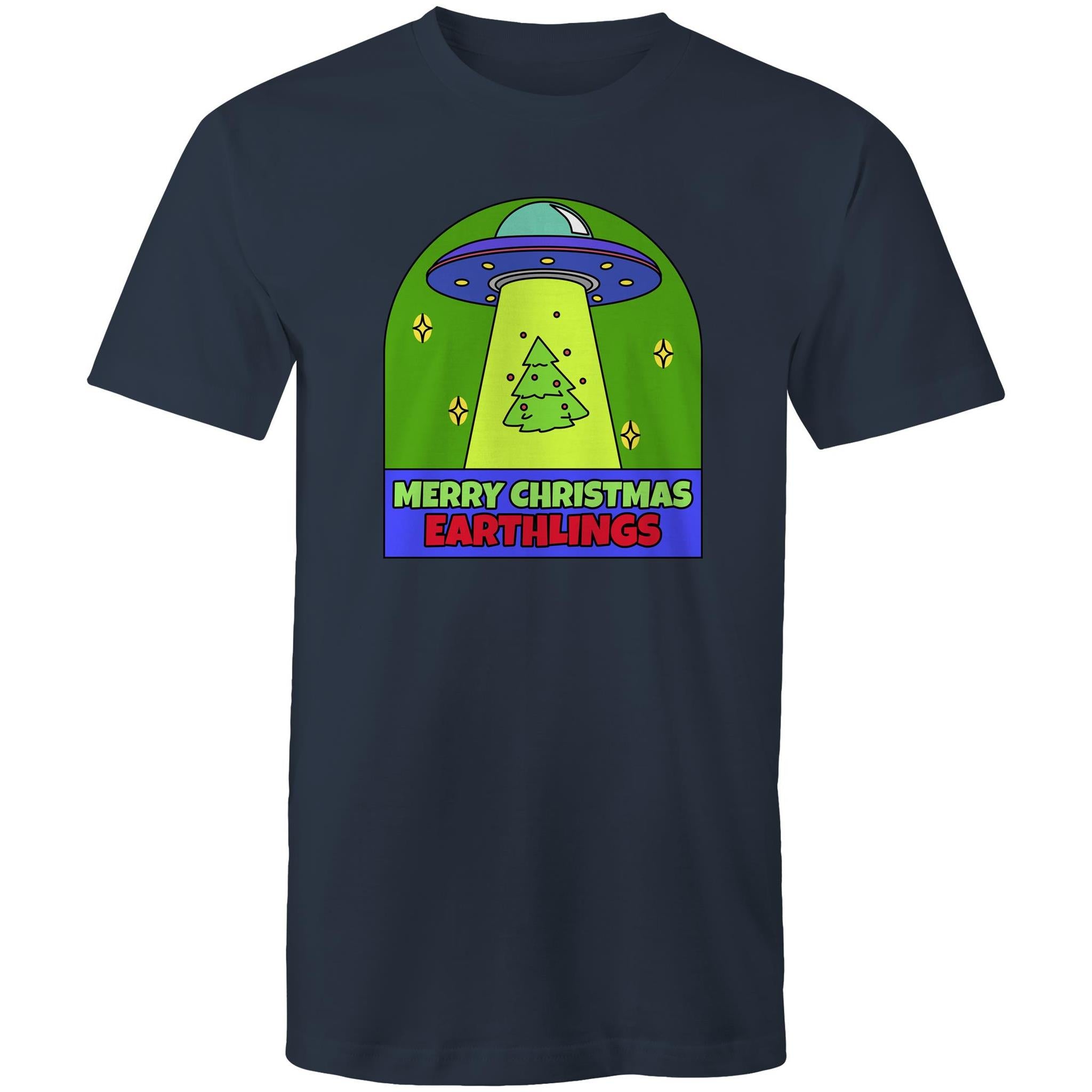 Merry Christmas Earthlings, UFO - Mens T-Shirt Navy Mens Christmas T-shirt Christmas Printed In Australia