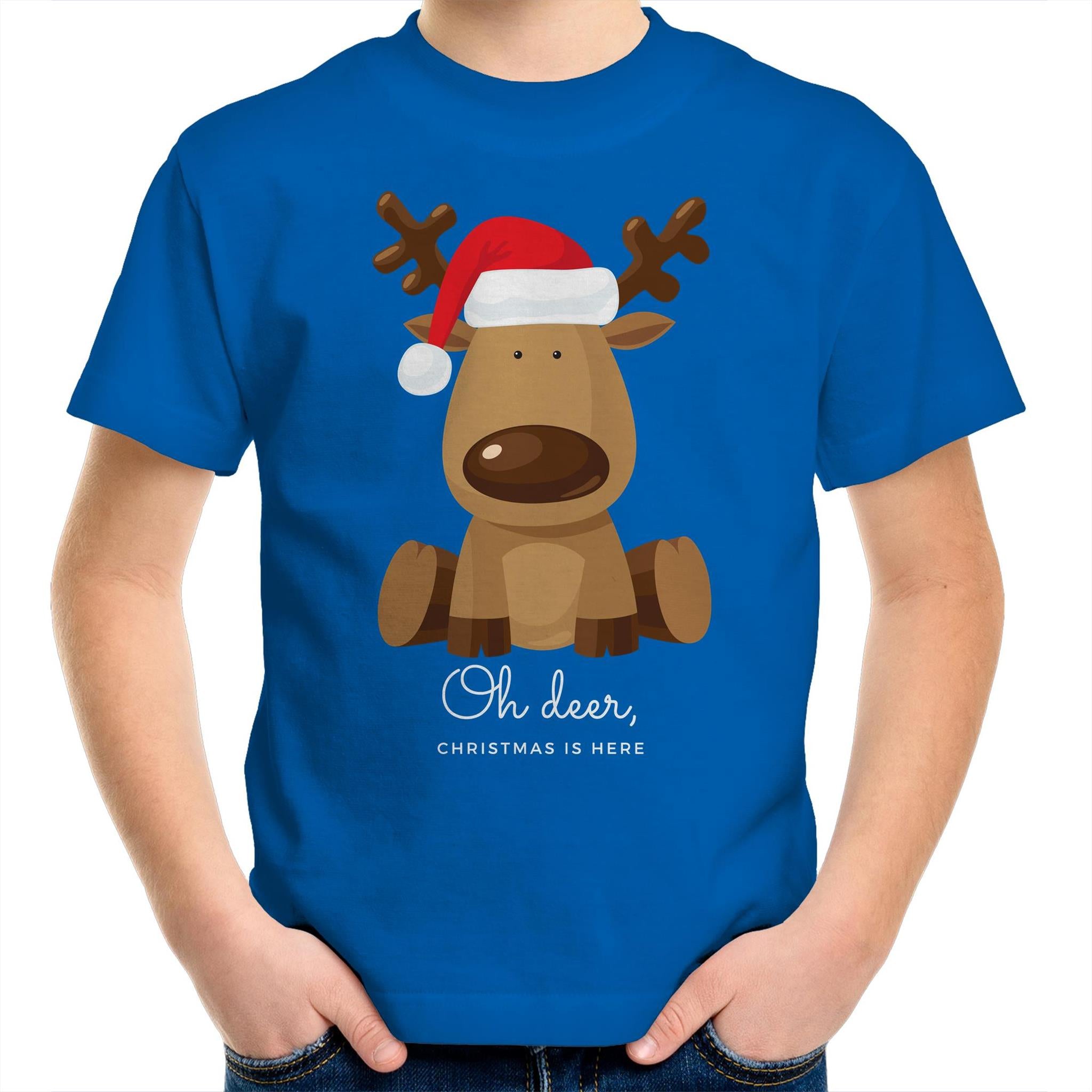 Oh Deer Christmas Is Here, Reindeer - Kids Youth T-Shirt Bright Royal Kids Christmas T-shirt Christmas Printed In Australia