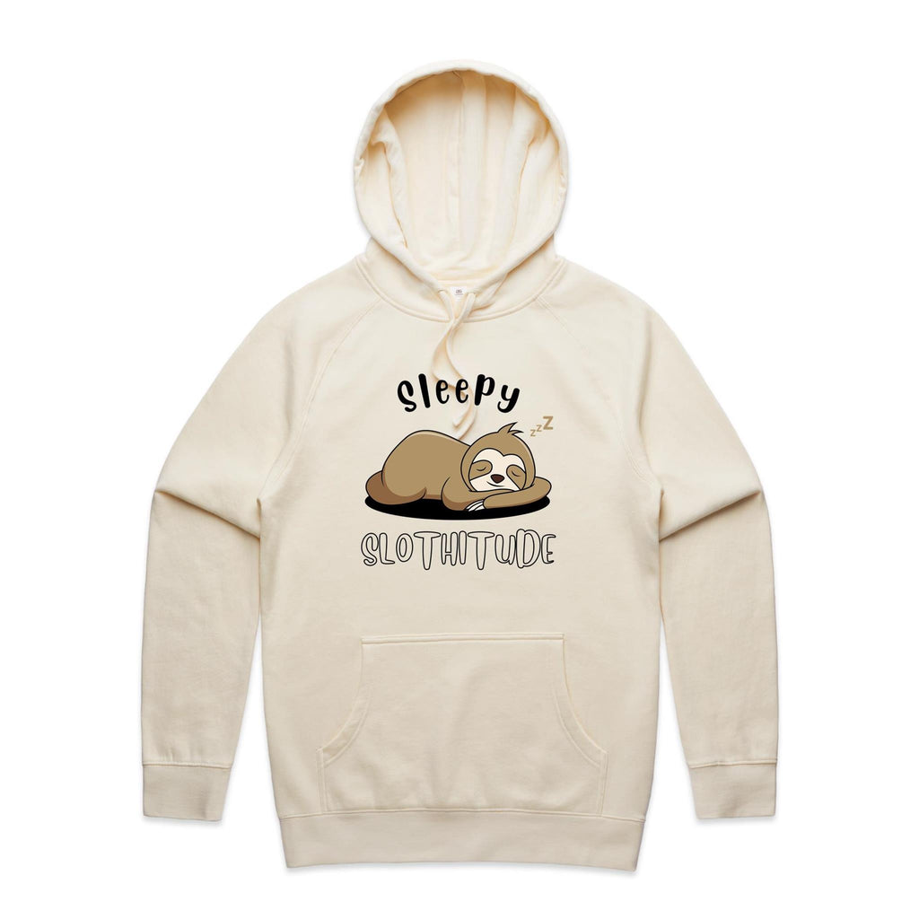 Sleepy Slothitude - Mens Hoodie Ecru Mens Hoodie animal Printed In Australia
